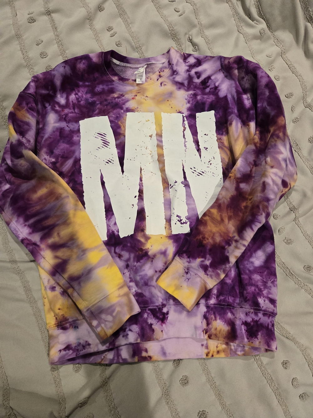 Purple & Yellow Tie-Dye Sweatshirt with White 'MN' Graphic